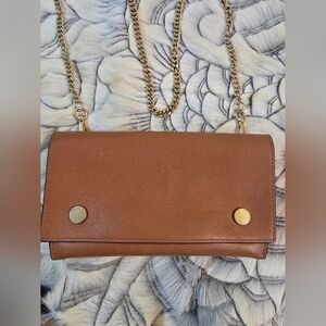 All Saints Tan Leather Crossbody Bag with Gold Chain
